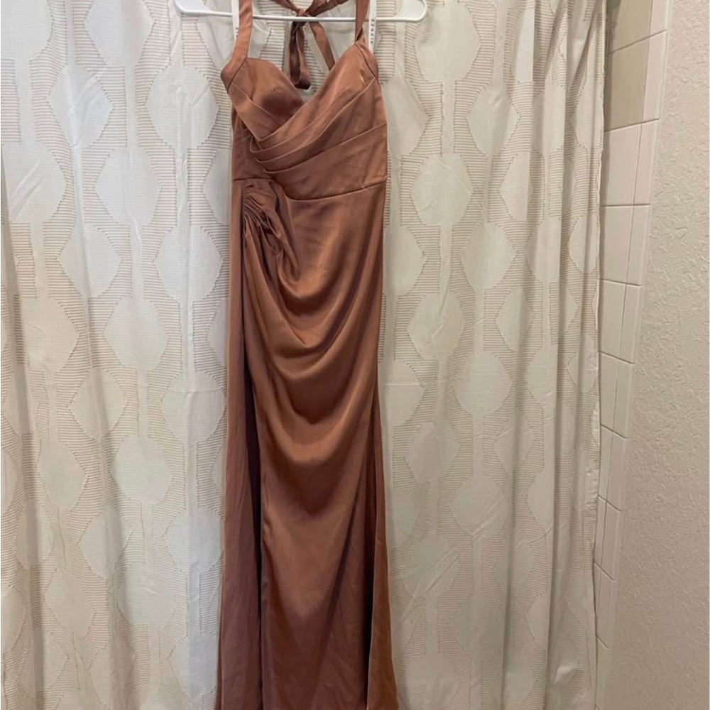 Azazie Brown Halter Gown for Wedding Guest